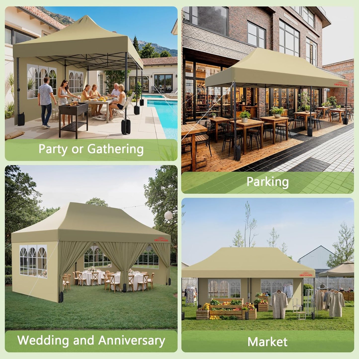 10x20 Heavy Duty Pop Up Canopy with 6 Sidewalls, 550D Commercial Easy Up Canopy Tent, Waterproof Outdoor Party Event Tent with Roller Bag, Khaki