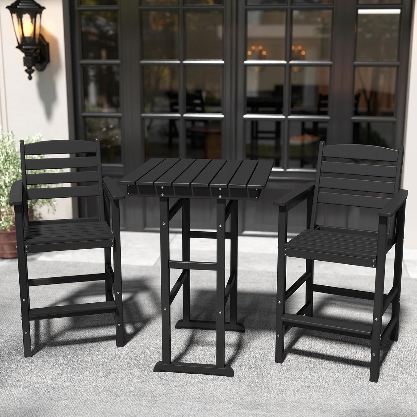 NAVINE 3-Piece Adirondack Bar Table and Chair Set, HDPE All-Weather Bar Height Chairs Set of 2 with Bar Table, Outdoor Patio Bar Set for Bistro, Balcony, Patio, Poolside, Black