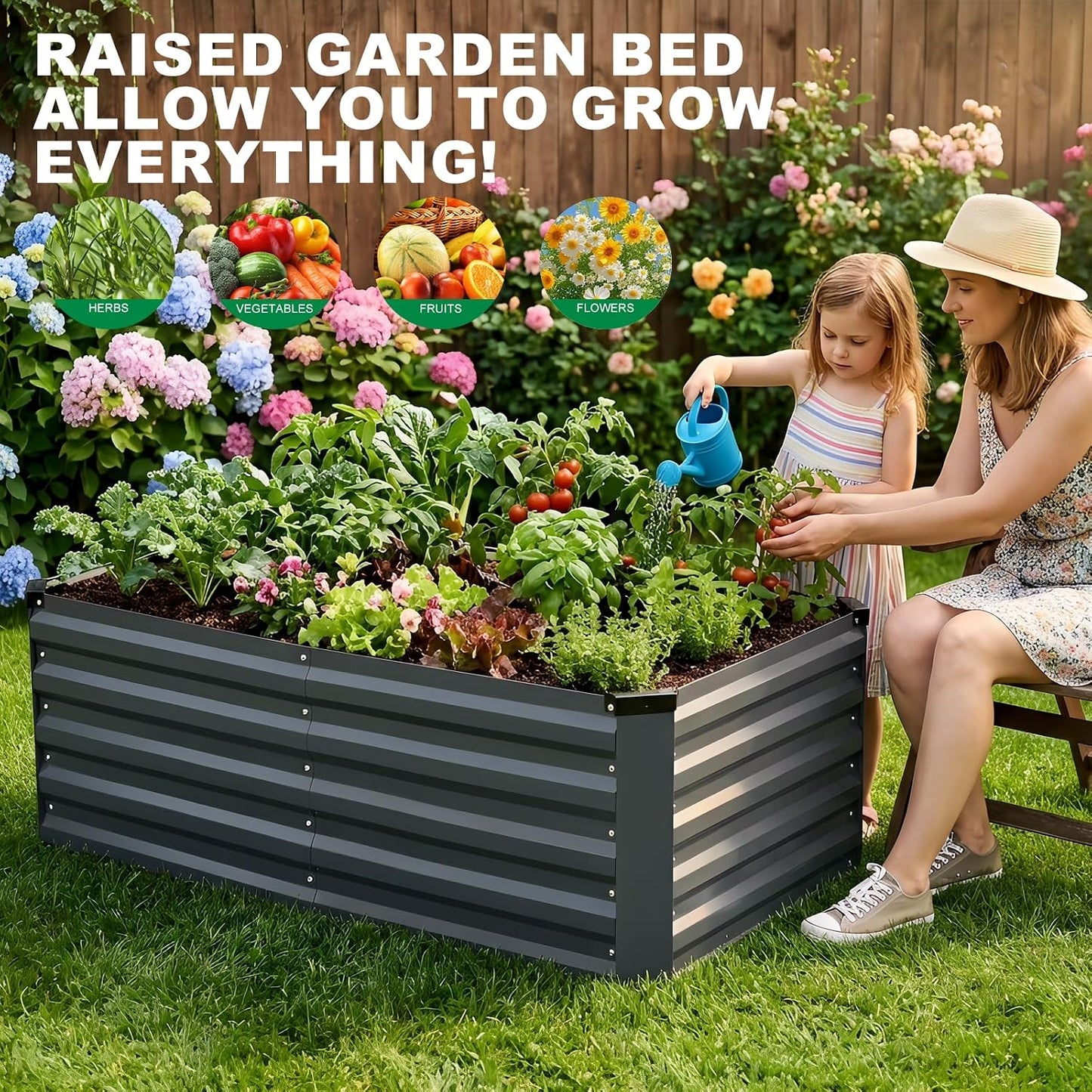 Galvanized Raised Garden Bed 4x2x2ft, Raised Beds for Gardening, Reinforced Support Bars & Safety Edges for Vegetables, Flowers, Herbs, Gray (Grey, 4x2x2FT)