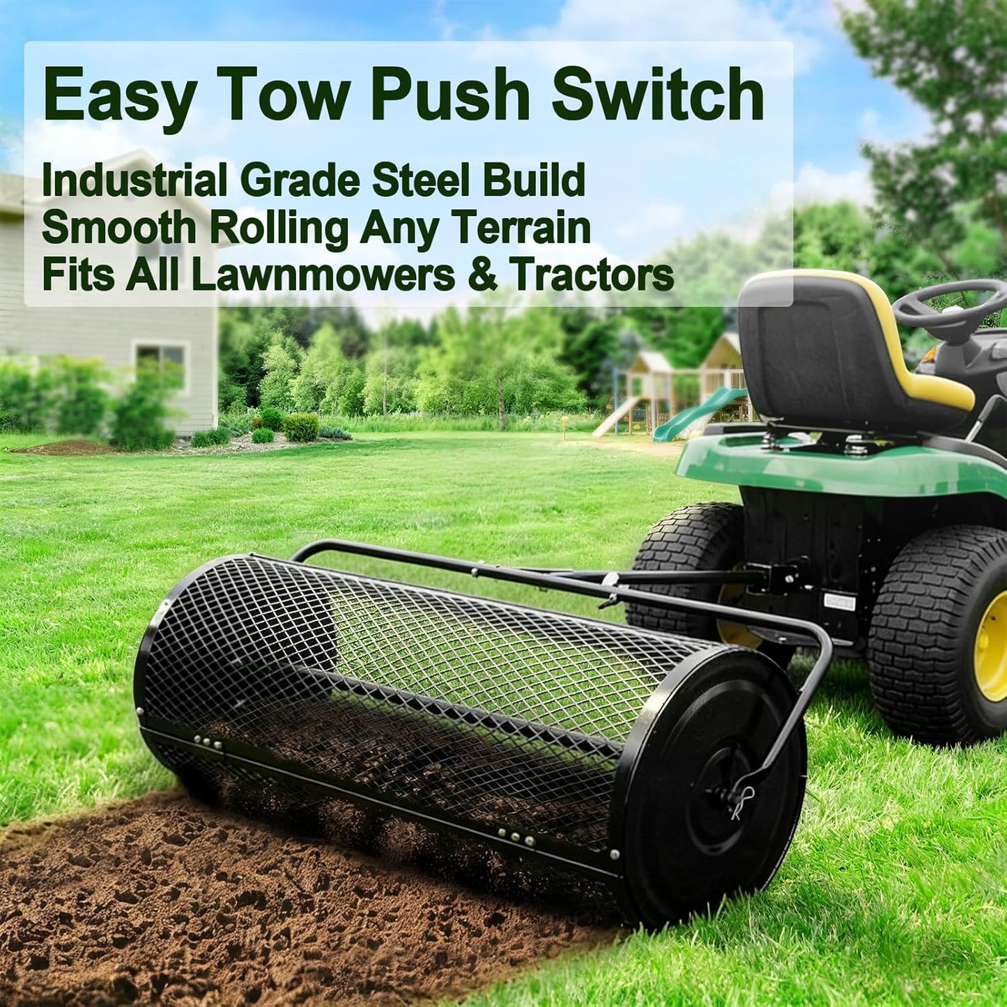 Compost Spreader 44 Inch Push/Tow Peat Moss Spreader with Installation Support, Powder-Coated Metal Mesh Roller Spreader for Manure , Lawn Care, Garden Spreading, Top Dressing & Mulch - Soil Spreader