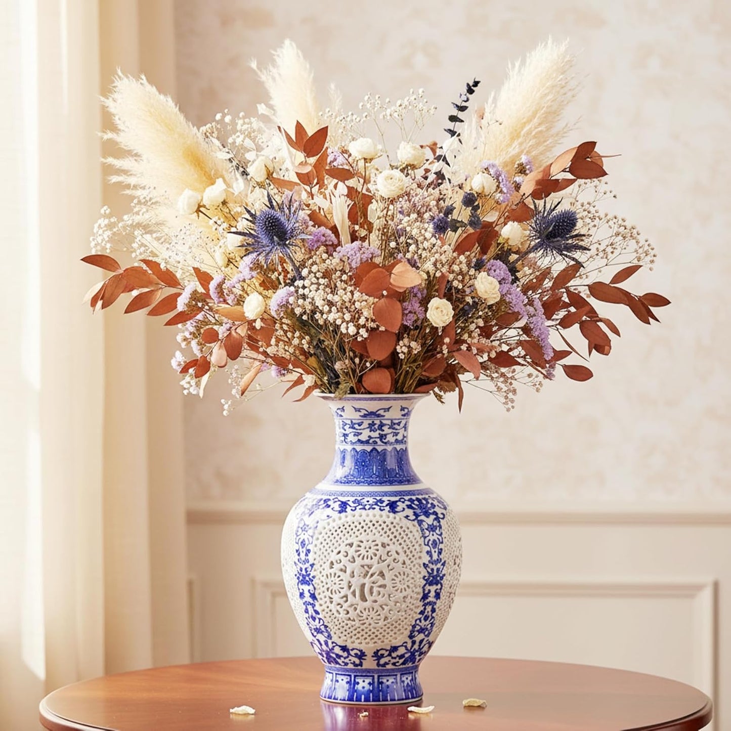 Blue and White Ceramic Vase, Chinoiserie Blue Porcelain Vase, Vintage Ceramic Flower Holder for Living Room Bookshelf Table Office Home Decoration (1-GY 11")