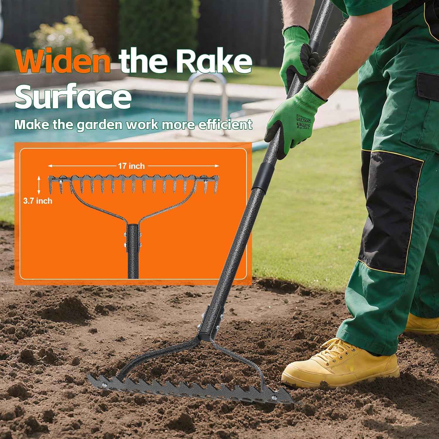 Bow Rake, Heavy Duty Metal Garden Rake for Looseing Soil, Leveling Lawn and Cleaning Leaves, 63" Long Handle Ergonomic Thatch Rake with 17 Tines for Yard,Farm,Lawn,Garden