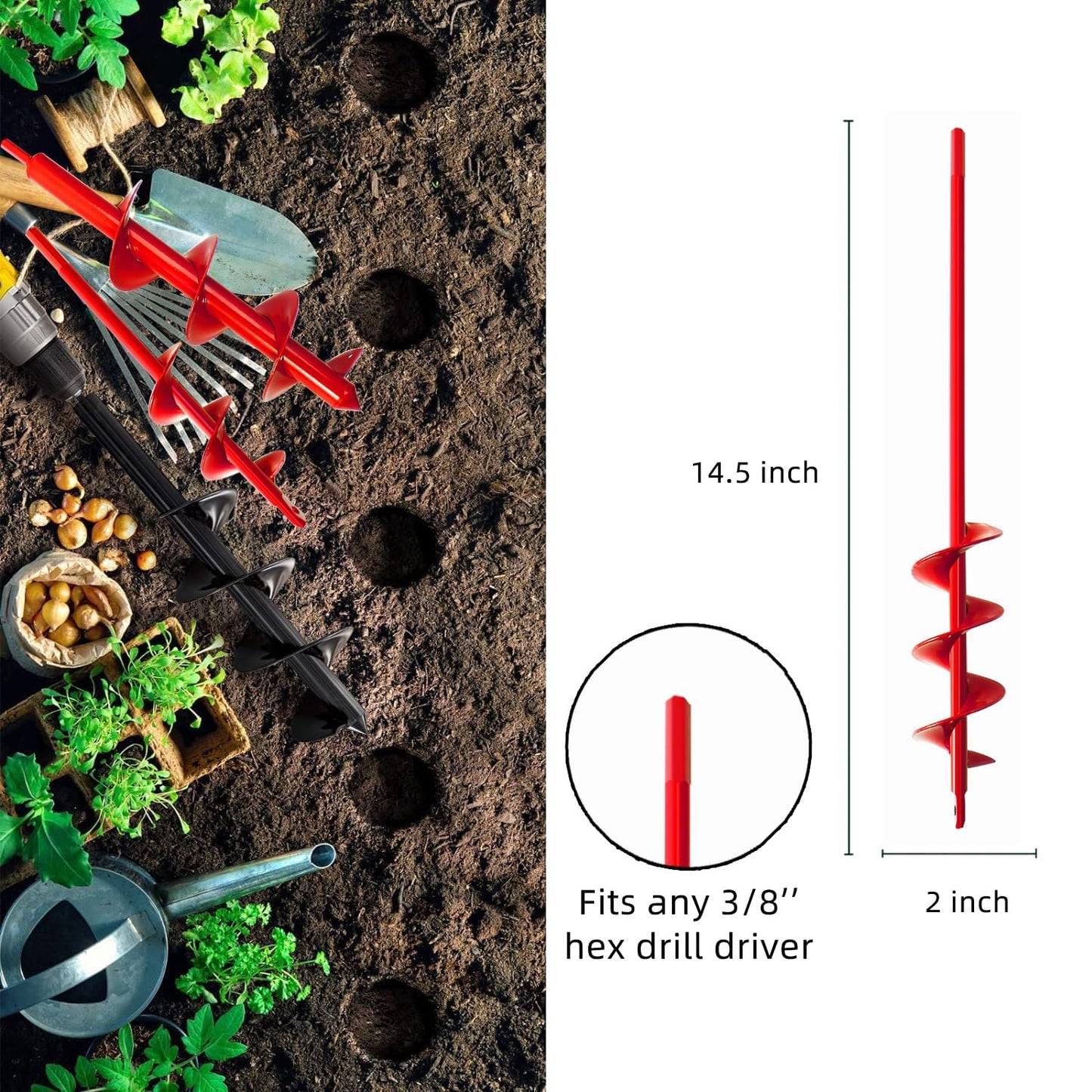 Garden Auger-2x14.5'', Spiral Drill Bit for 3/8'' Hex Drive, Yard Auger for Bulbs & Flowers, Bedding Digging Tool