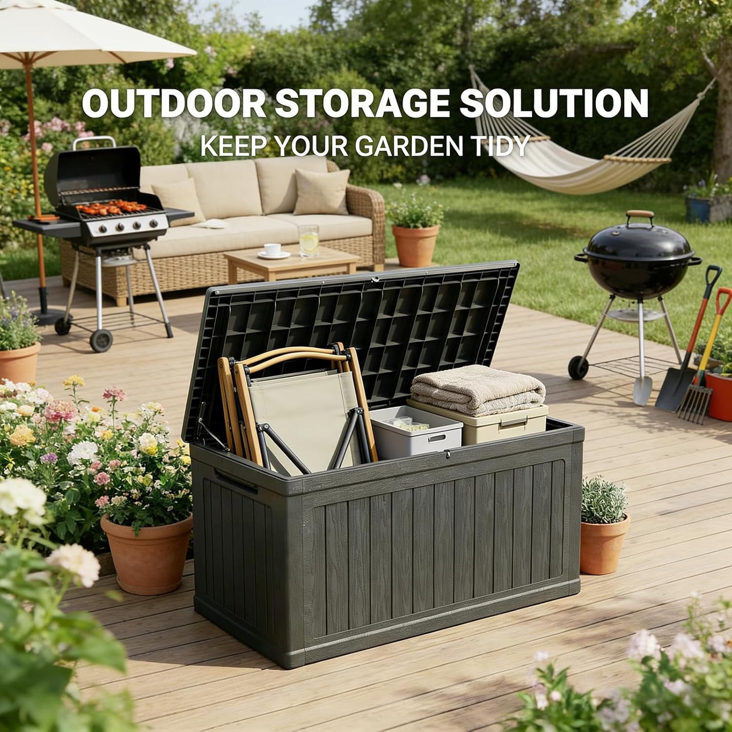 230 Gallon Lockable Resin Deck Box, Waterproof Outdoor Storage Box for Patio Furniture Cushions, Garden Tools & Pool Accessories Storage, Black