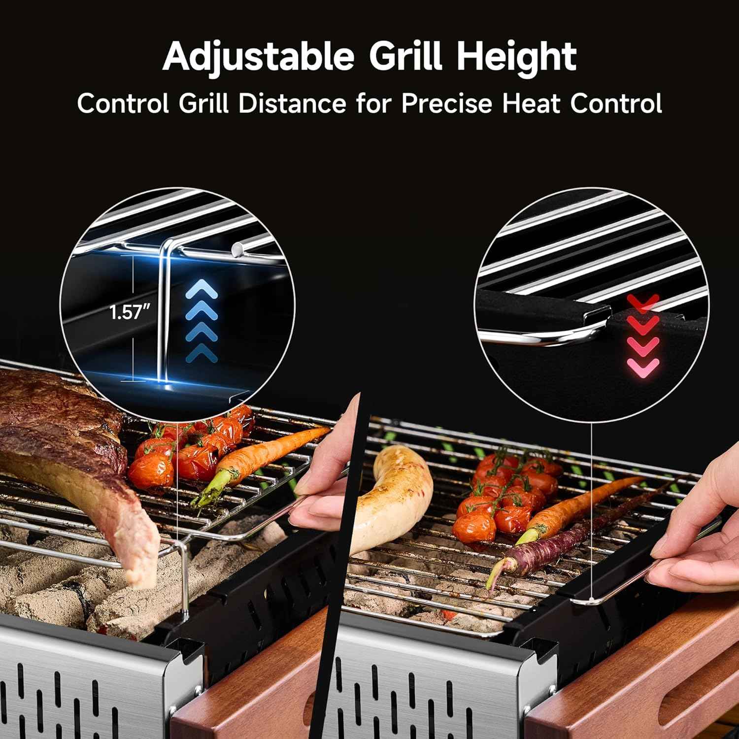 Portable Hibachi Charcoal Grill for Outdoor Camping, No Assembly BBQ Grill with Stainless Steel Grate, Height Adjustable Foldable Grill for Beach and Patio
