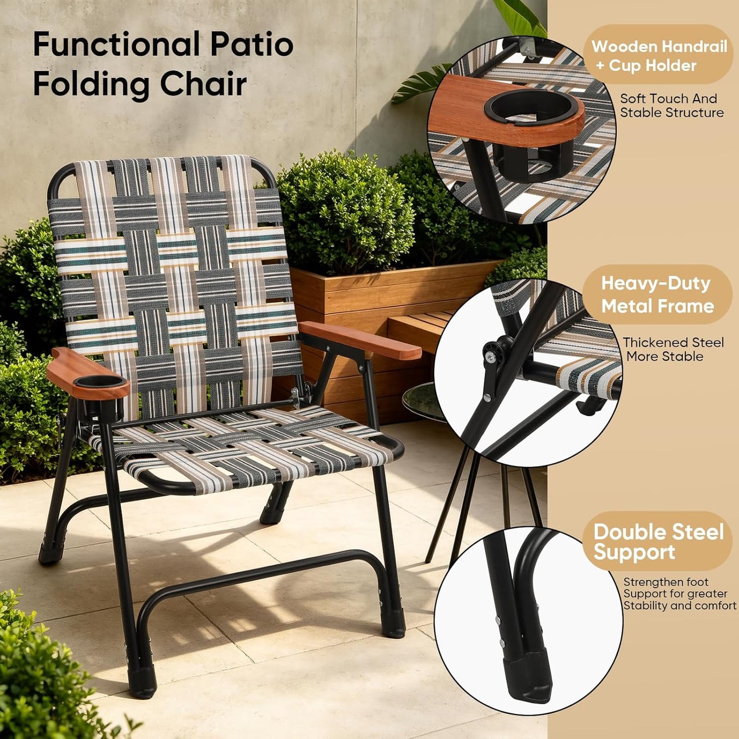 Folding Lawn Chair, Portable Camping Chair with Steel Frame, Woven Fabric and Wooden Armrests, Webbed Patio Dinning Chair for Yard Camping Poolside Beach