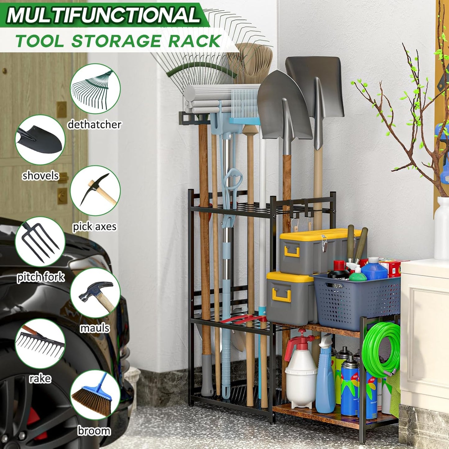 DAOUTIME Garage Tool Organizer with 2-tier Wooden Shelves, Yard Tool Organizer for Garage with 6 Hooks, Heavy duty Steel Garden Tool Rack Holds up to 35 Long Handled Yard tools for Storage, Black