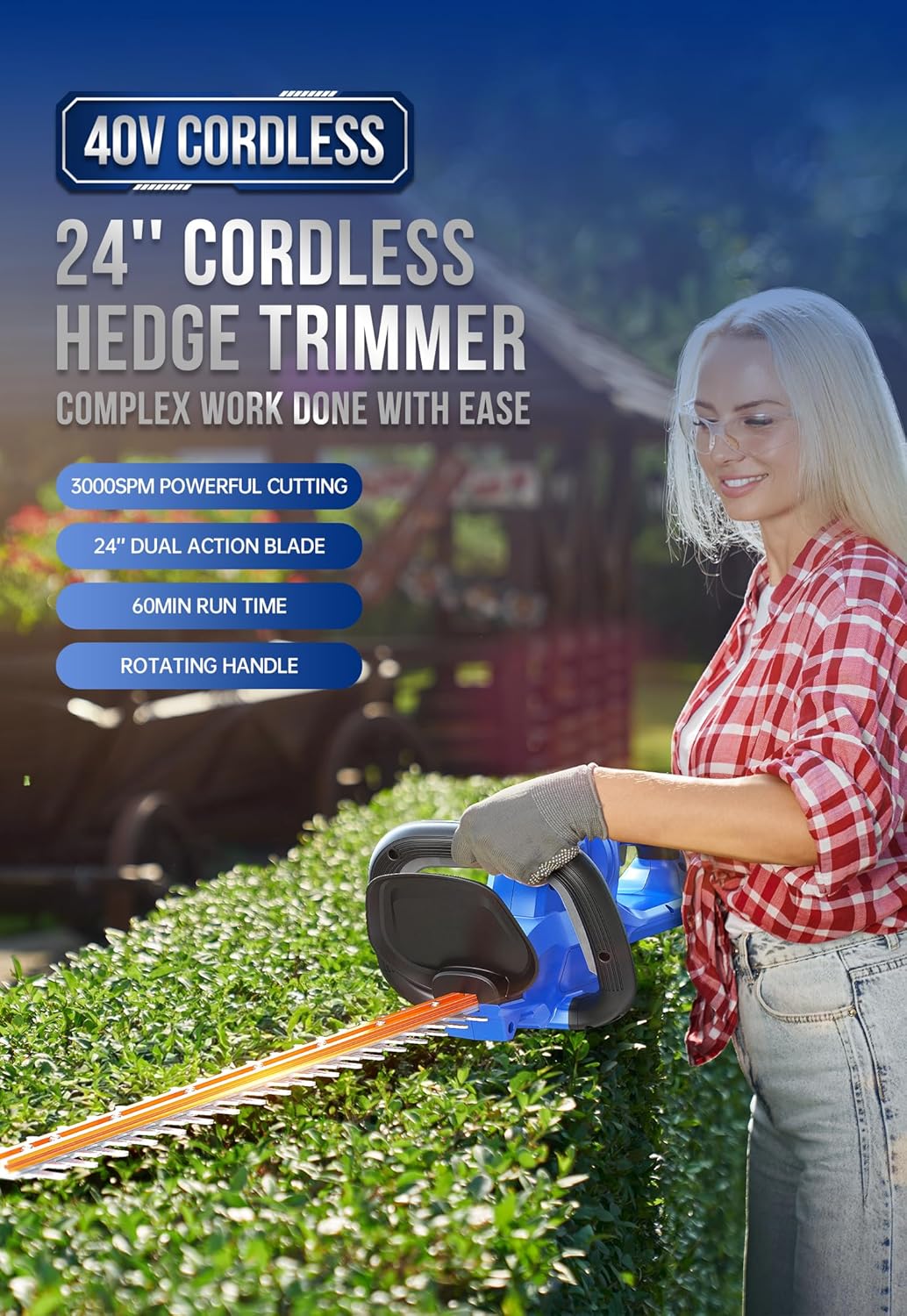 WILD BADGER POWER Hedge Trimmer 40V 24” Cordless, Powerful Electric Hedge Trimmer, 2.0Ah Battery and Charger Included