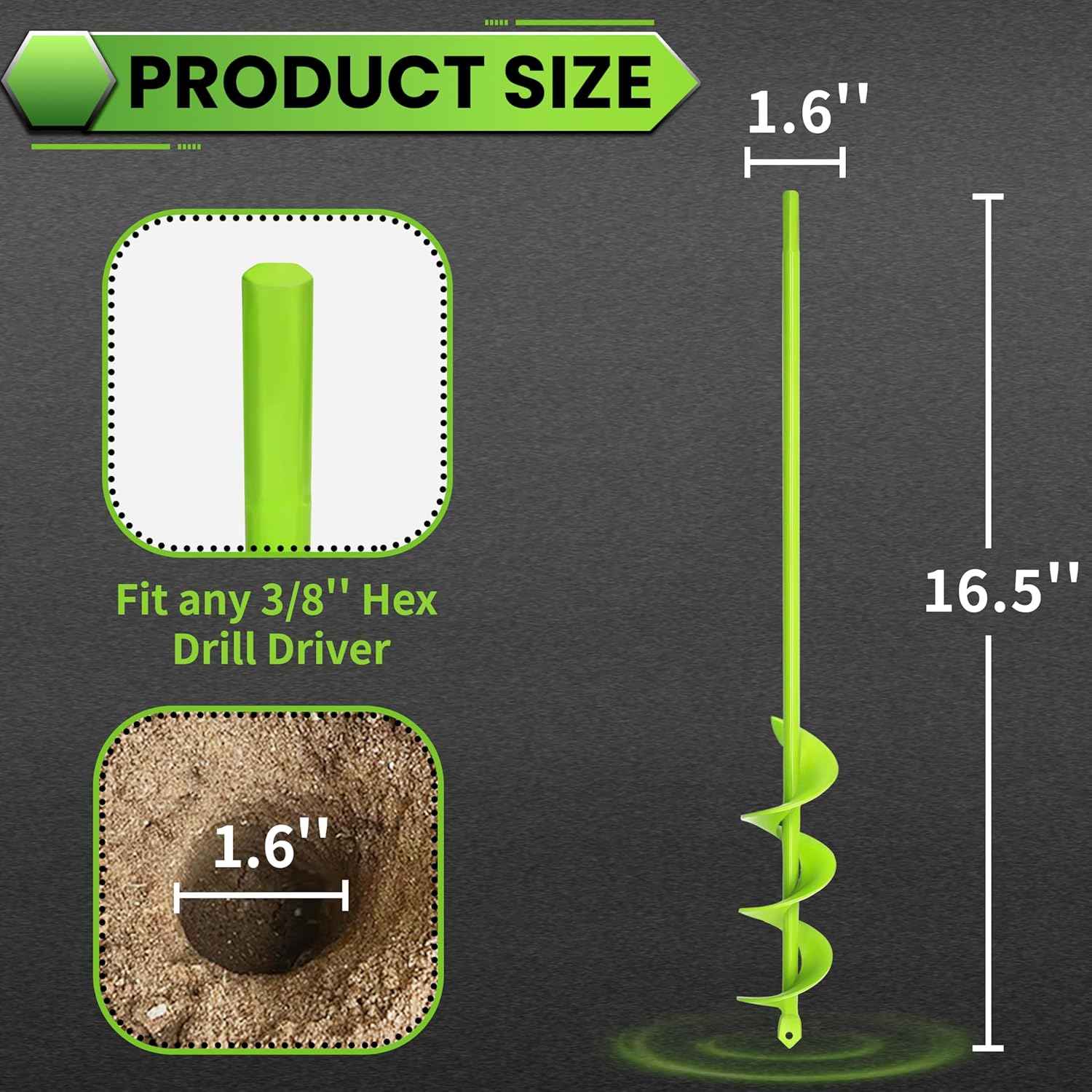 Green Garden Auger Drill Bit for Planting, 1.6"x16.5" Post Hole Digger & Bulb Planter Tool, Fits 3/8" Hex Drive Drill, for Seeds, Flowers, Tree Roots, Fence Posts and so on