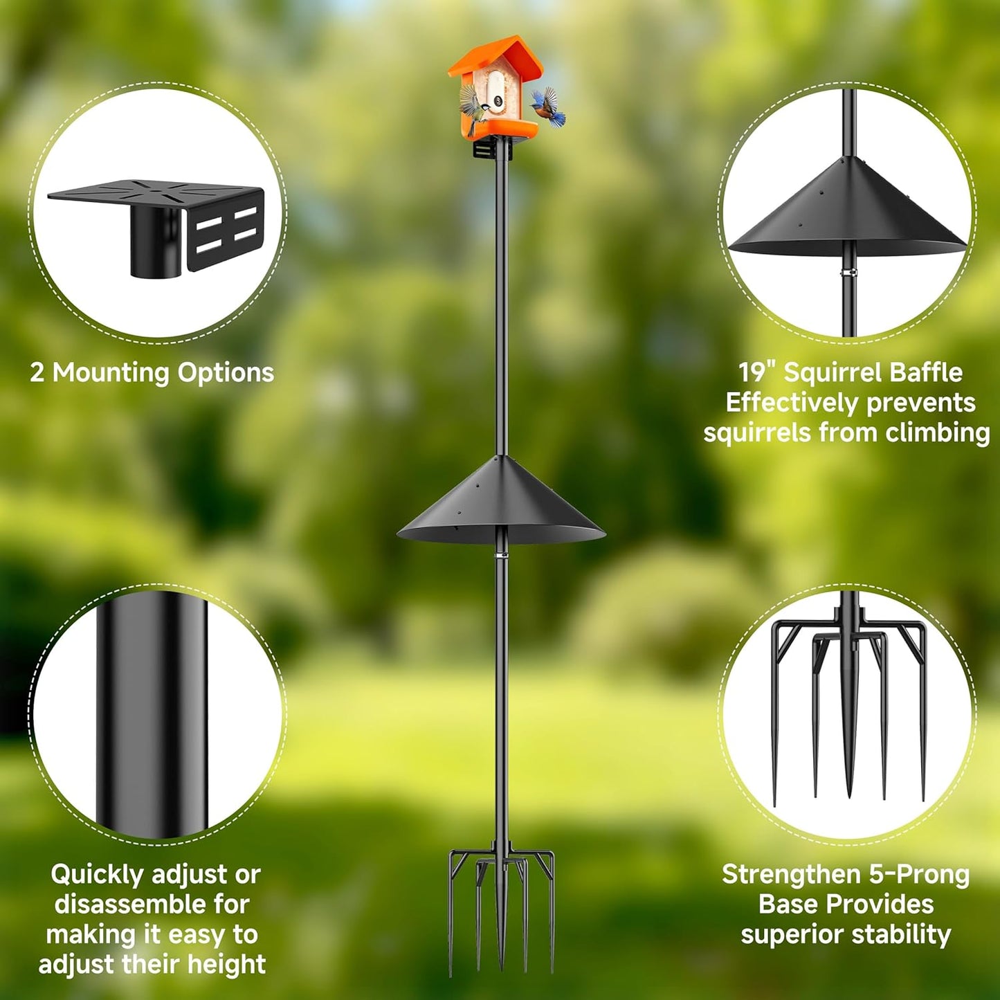 79" Smart Bird Feeder Pole Stand with 19" Proof Squirrel Baffle - Dia 1 Inch Bird House Pole for Camera Birdfeeder, Feeding Station for Outdoors Heavy Duty, Compatible Post Mount