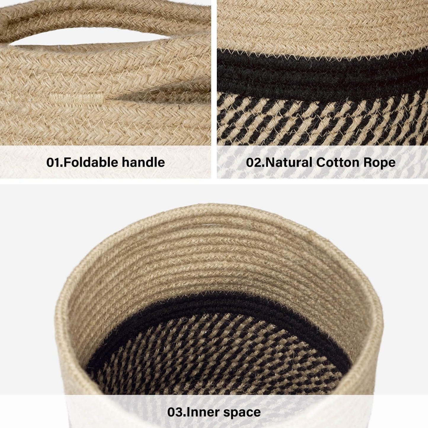 TIMEYARD Sturdy Jute Rope Plant Basket Modern Woven Basket up to 7.5 Inch Flower Pot Floor Indoor Planters, 8” x 8” Storage Organizer Baskets Rustic Home Decor, Black Stripes
