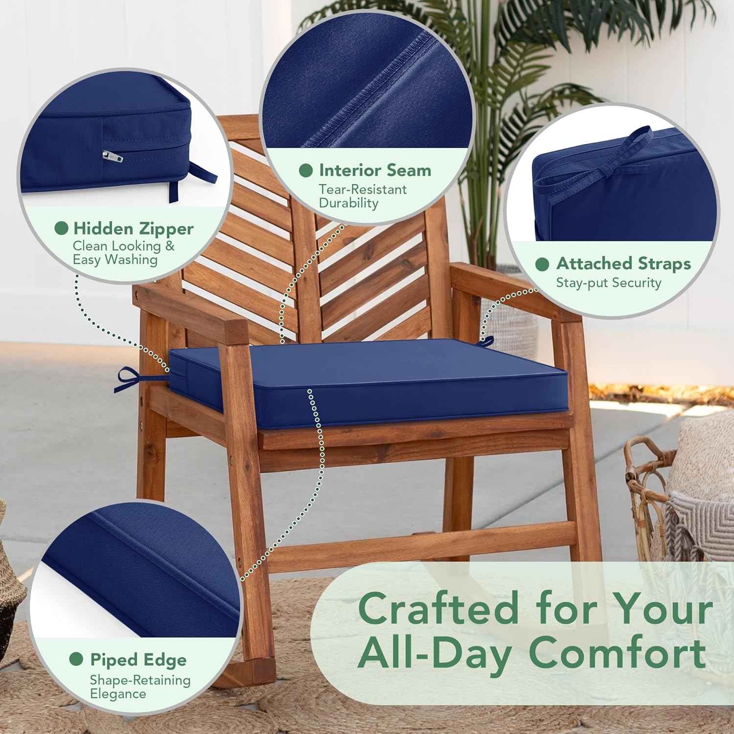 Outdoor Chair Cushions Set of 4: Waterproof & Fade Resistant Seat Cushion for Patio Furniture - 18.5 x 16 x 2 Inch Chair Pads with Ties and Hidden Zipper - Patio Chair Cushion Replacement, Navy