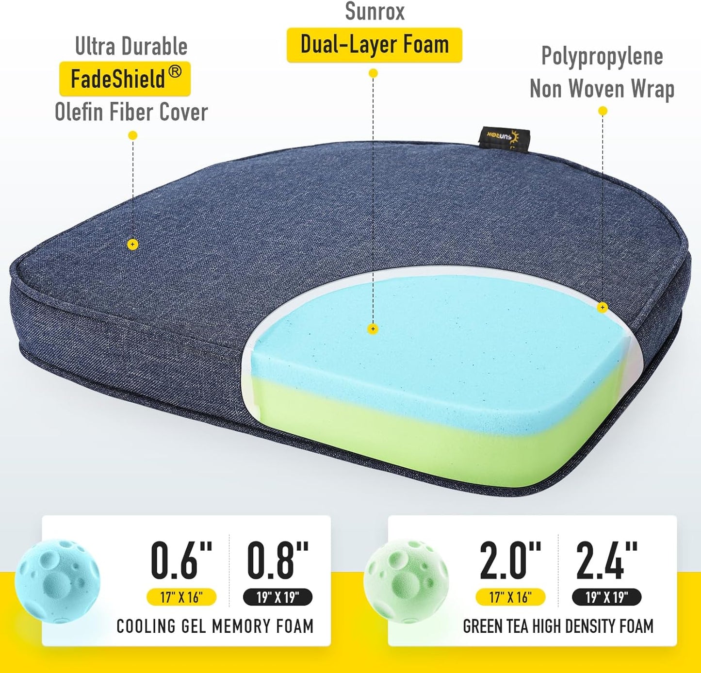 SUNROX Gel Memory Foam Chair Cushions, FadeShield Water-, Stain-Resistant Durable Reversible Seat Cushion Pads with Ties for Indoor/Outdoor Kitchen Dining Office, 19"x19", Set of 4, Heather Indigo