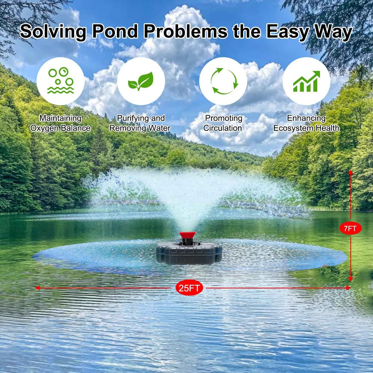 Pond Fountain Aerator 1HP 110V 750W - pond fountain- pond aerator 15,000 GPM - Includes 100-foot Power Cord - Features Tow Rope Steel Anchoring Pin Timer - Suitable for Ponds and Lakes