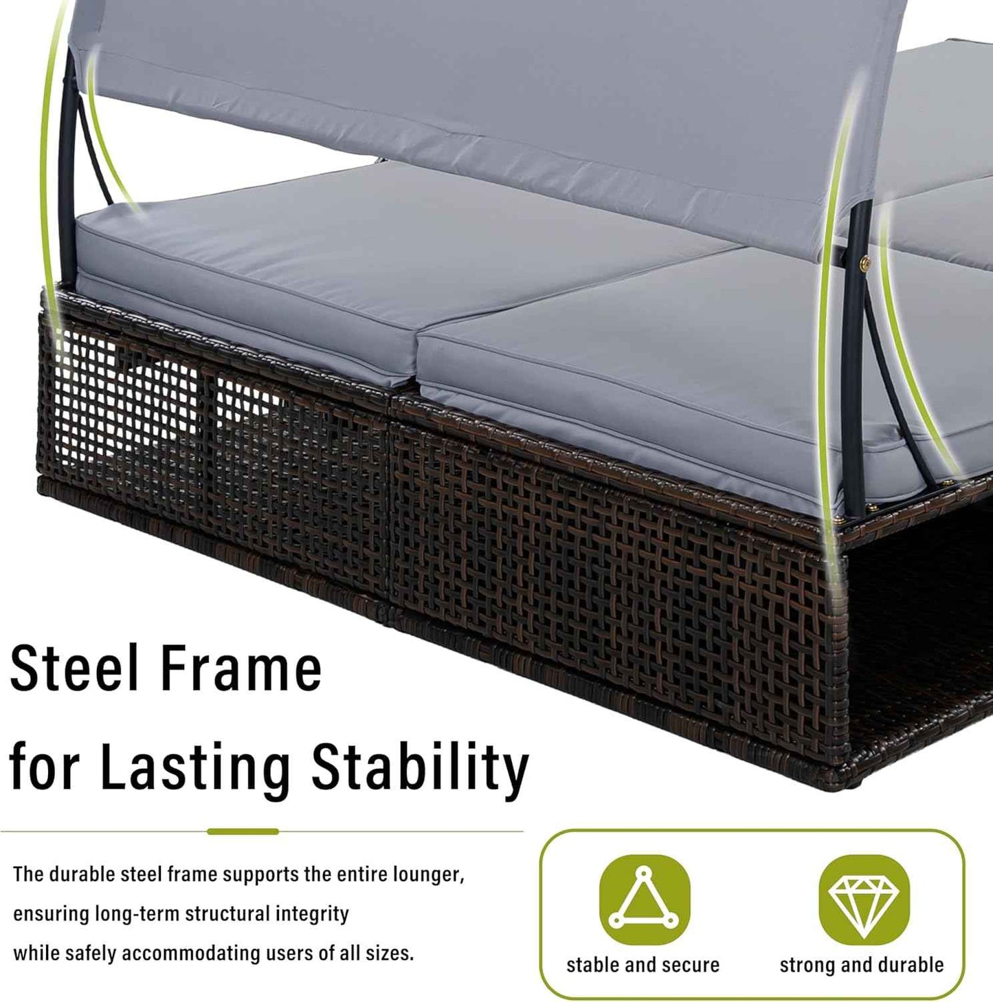 Mirightone 2-Person Outdoor Chaise Lounge Daybed with Canopy, Steel Frame Patio Sunbed with Adjustable Backrest, Hidden Side Table and Arched Armrests, for Poolside, Deck, Garden, Gray