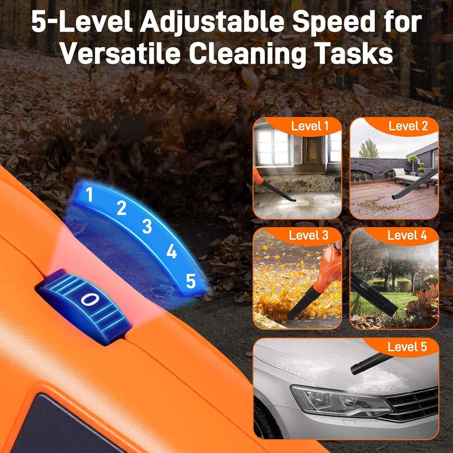 GOCHIFIX Leaf Blower Cordless, 2 * 21V 3.0Ah Battery and Charger, 5 Speed Levels, Lightweight 180 CFM 130 MPH Electric Powered Blower w/Extension Tube for Patio Lawn Care, Leaf Dust Blowing
