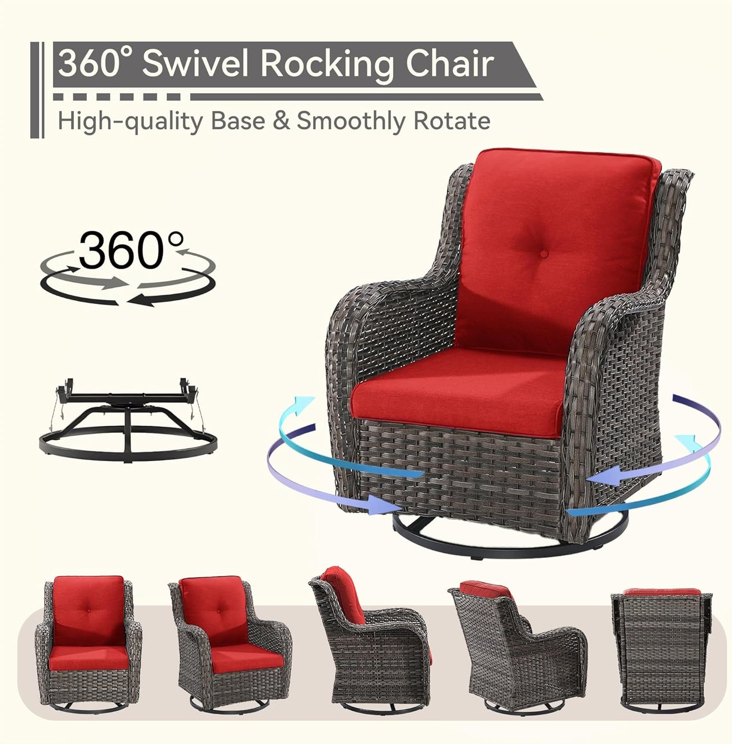 5 Piece Outdoor Patio Furniture Set Wicker Conversation Set Swivel Rocking Chairs with Side Table and Ottomans for Backyard, Porch, Deck, Red