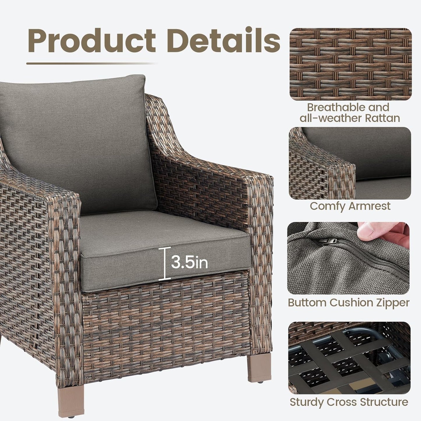 Outdoor Wicker Patio Chairs Set of 2 - Heavy Duty Outside Modern PE Rattan Lawn Chair for Front Porch Balcony Backyard Yard Deck Poolside Apartment – Brown/Grey
