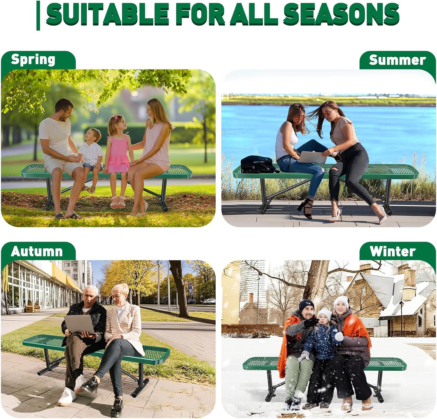 Heavy-Duty Park Bench or Table for Outside - Black Coated Outdoor Furniture Steel Bench, Commercial-Grade Outdoor Benches Weatherproof for Park, Patio, Porch (Green, 6FT (Without Backrest))