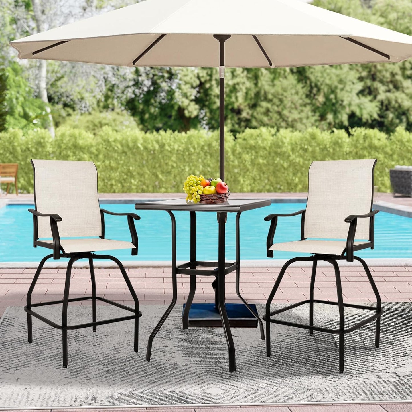 LEVELEVE Patio Bar Set 3pcs Swivel Bar Stools Outdoor Bistro Textilene Furniture Stability All-Weather Set with Height Table (3, Beige Fabric)
