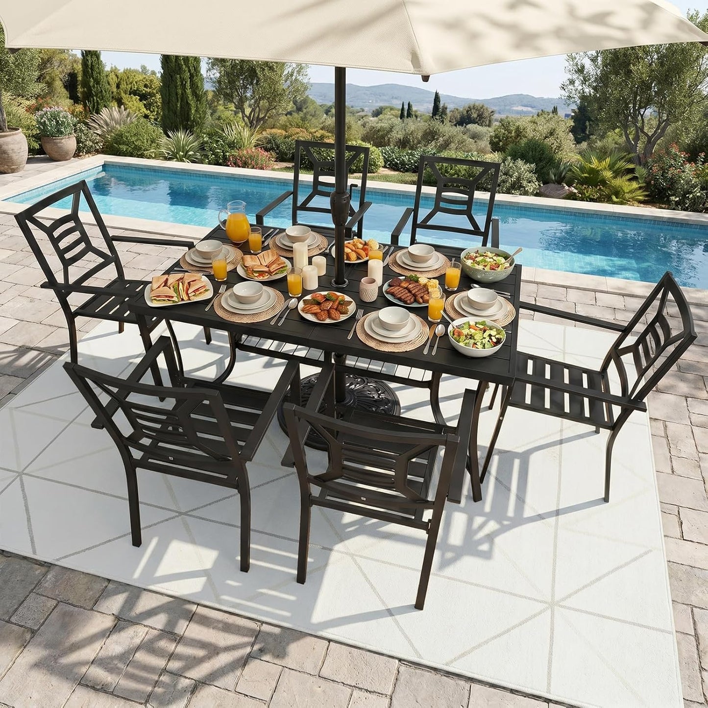 7 Piece Outdoor Patio Dining Sets, 60" Rectangular Metal Dining Table with Umbrella Hole & 6 Stackable Metal Chairs, Weather Resistant Garden Furniture Set for Backyard, Deck, Porch