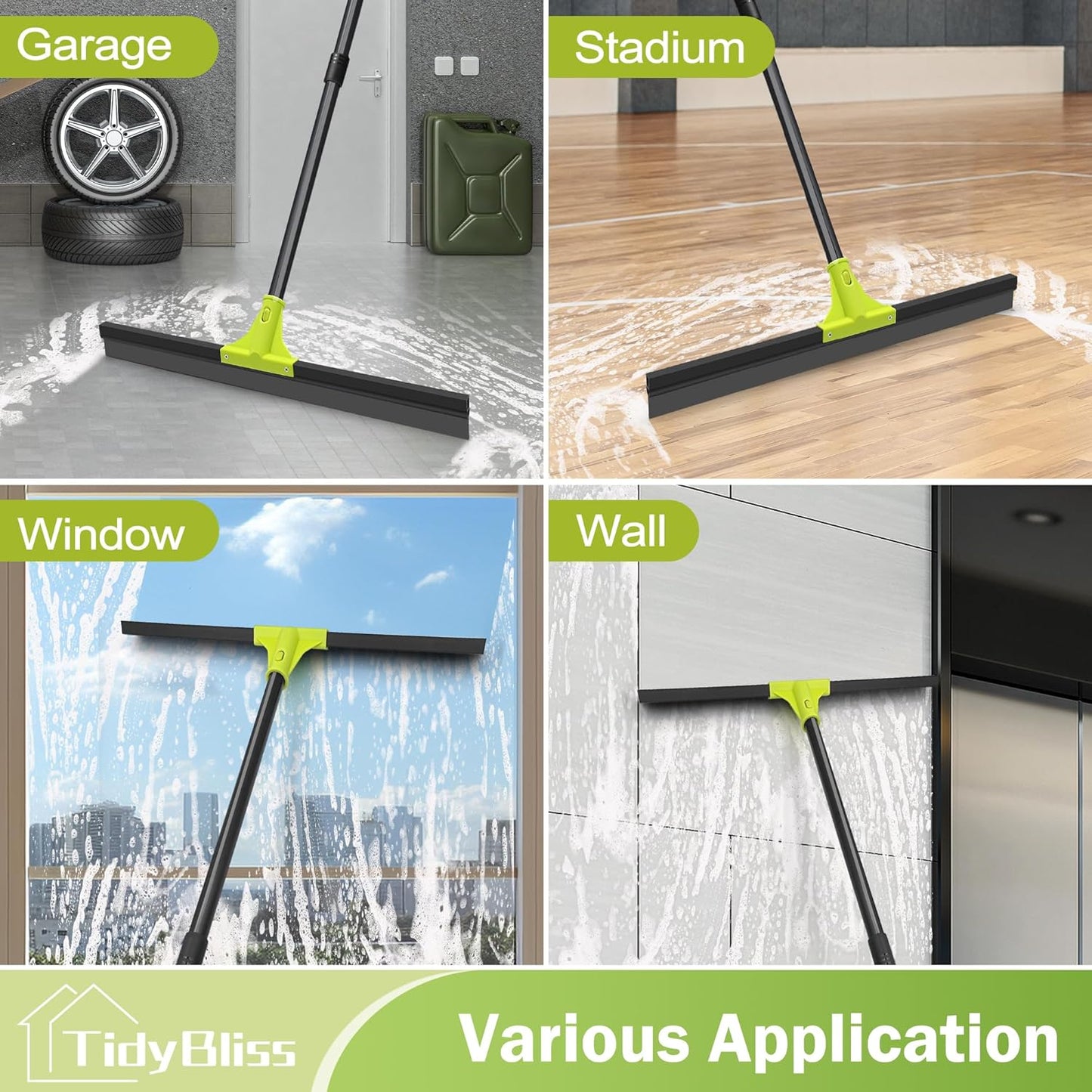 Floor Squeegee Heavy Duty, 24” Rubber Foam Water Scraper Broom, Epoxy Wiper Mop with 62 inches Long Handle for Cleaning Concrete Pool Rug Garage Deck Shower Window Outdoor Indoor (Green)