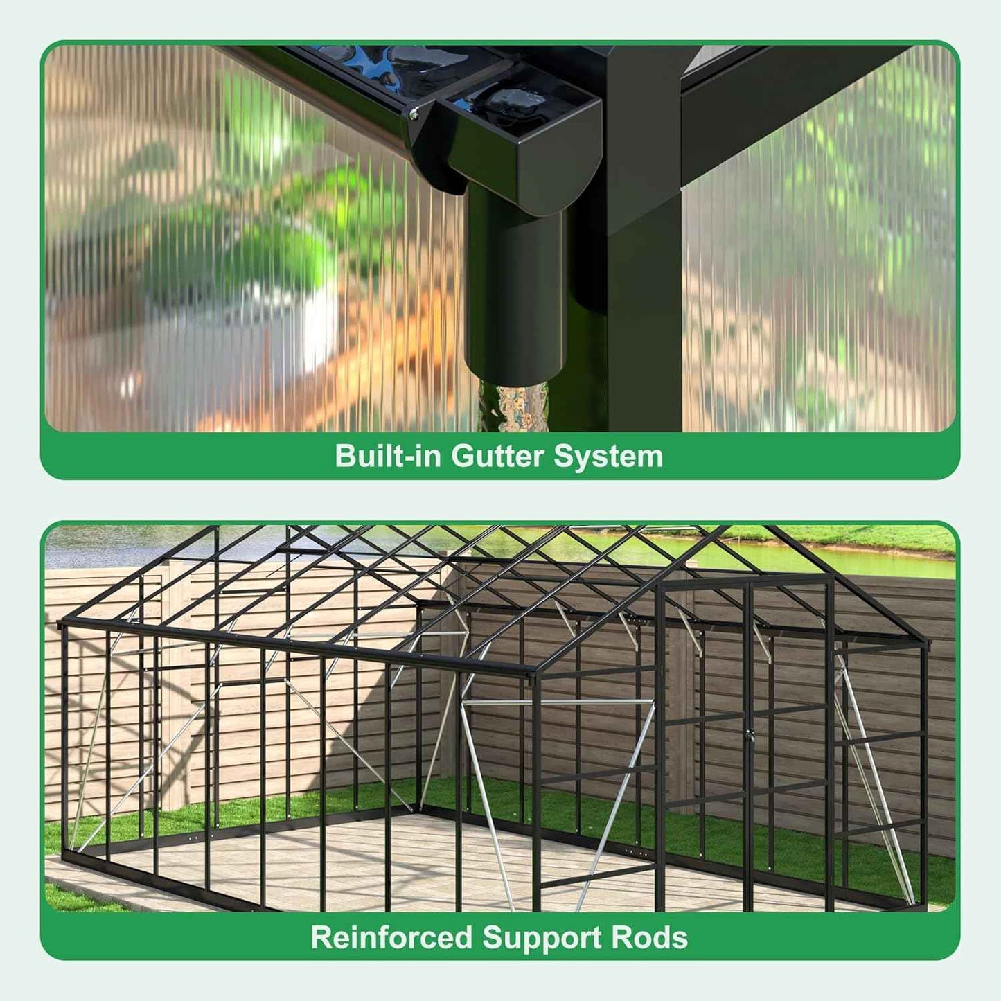 WKM 10x16 FT Greenhouse for Outdoors, Walk-in Polycarbonate Greenhouse with Roof Vent and Quick Setup Structure, Heavy Duty Green House for Outside Garden Backyard, Black