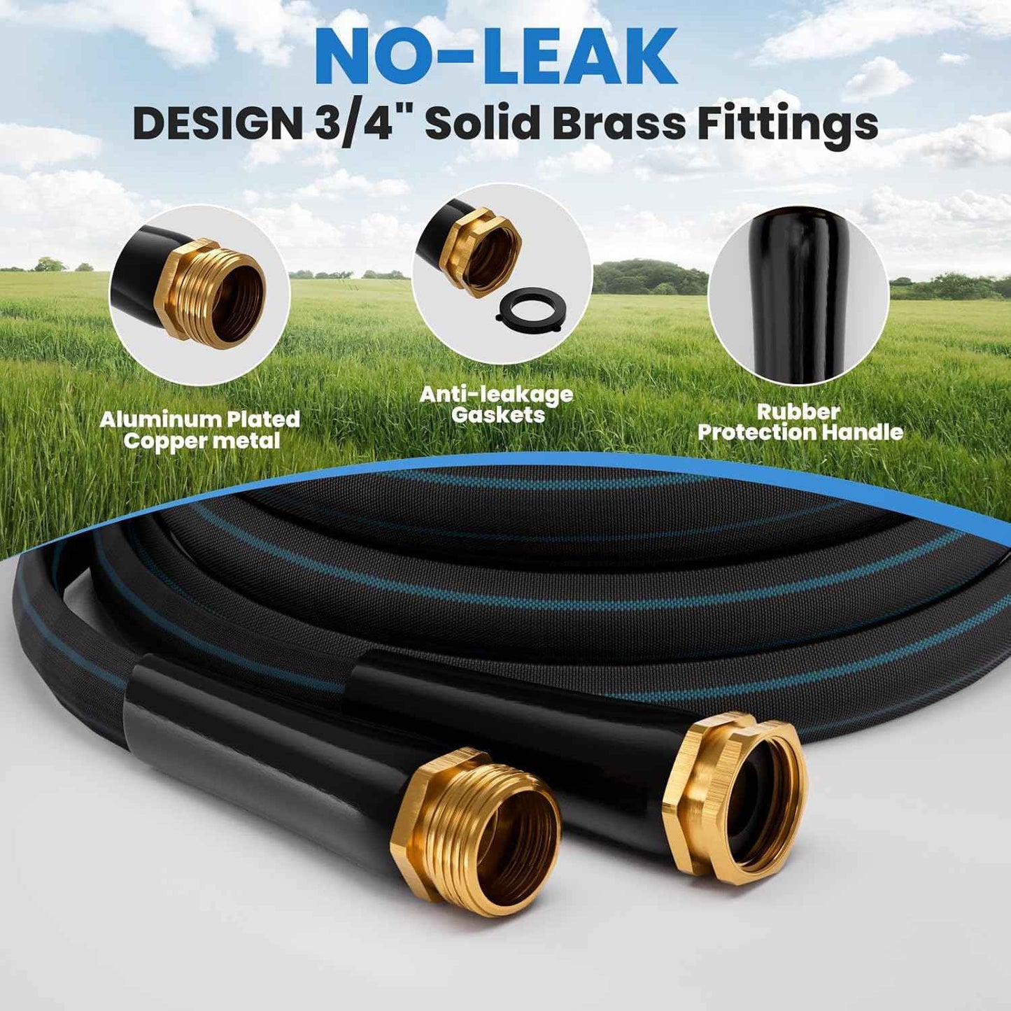 75ft Non-Expanding Garden Hose, Lightweight & Kink-Free, Flexible Heavy Duty Water Hose for Lawn, Yard, Car Washing (3/4" Solid Brass Fittings, Crush-Resistant)
