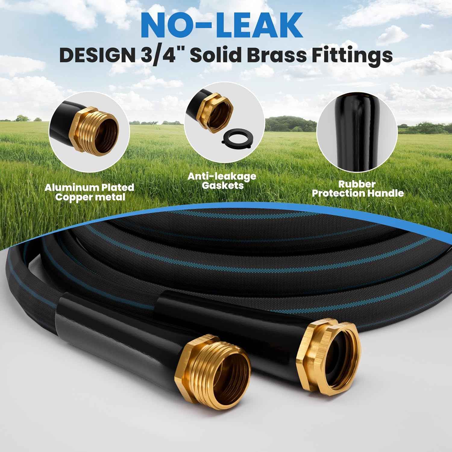 75ft Non-Expanding Garden Hose, Lightweight & Kink-Free, Flexible Heavy Duty Water Hose for Lawn, Yard, Car Washing (3/4" Solid Brass Fittings, Crush-Resistant)