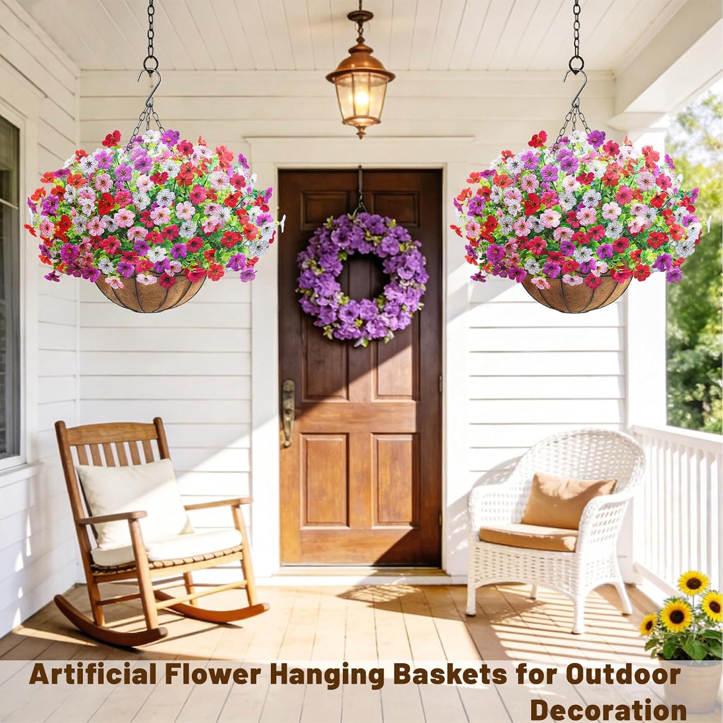 2 Pack Artfiticial Hanging Flowers Baskets for Outdoors, UV Resistant Faux Hanging Plants, 24 Pcs Fake Silk Flowers for Patio Garden Front Porch Balcony Decor (Mix 4 Colors)