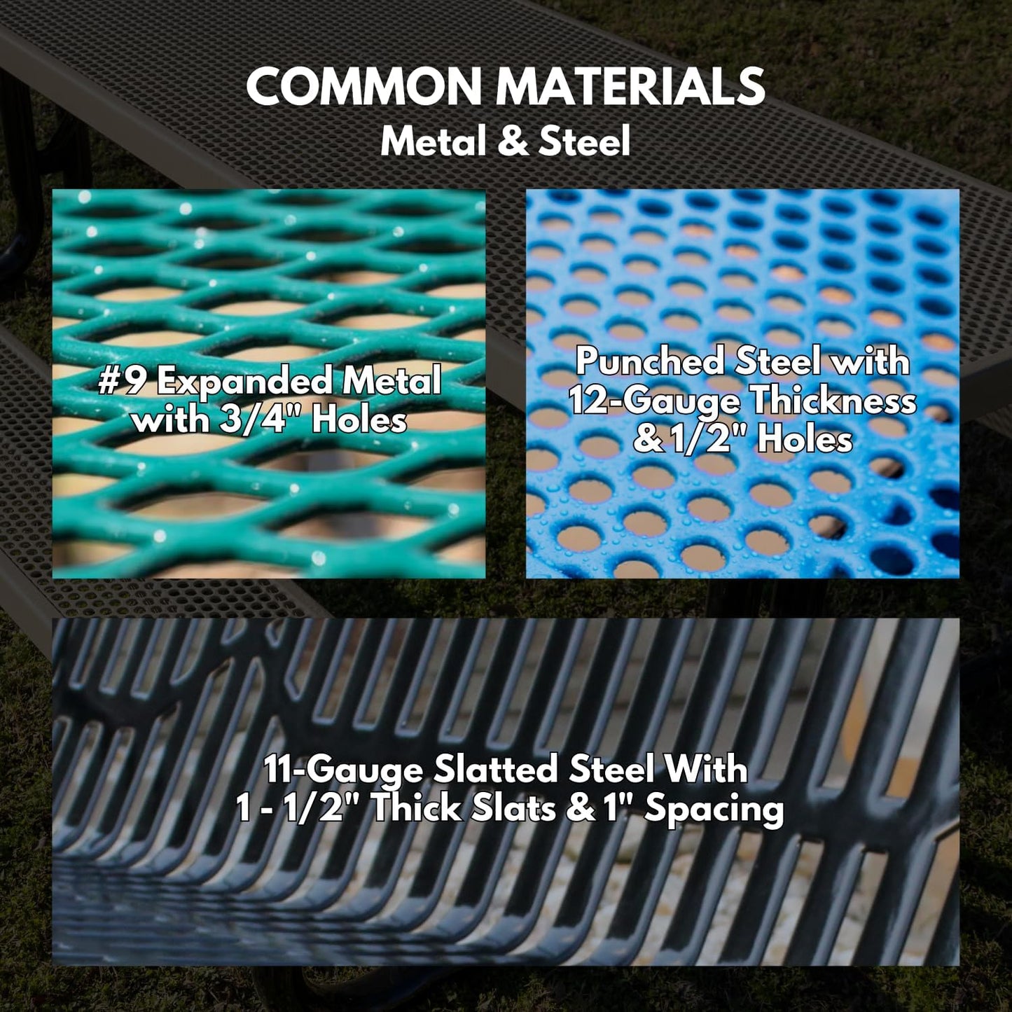 Heavy-Duty Outdoor Bench Thermoplastic Coated, Slatted Steel, Commercial-Grade Garden Bench, Made in America (Portable with Back, 4 Ft, Textured Light Blue)