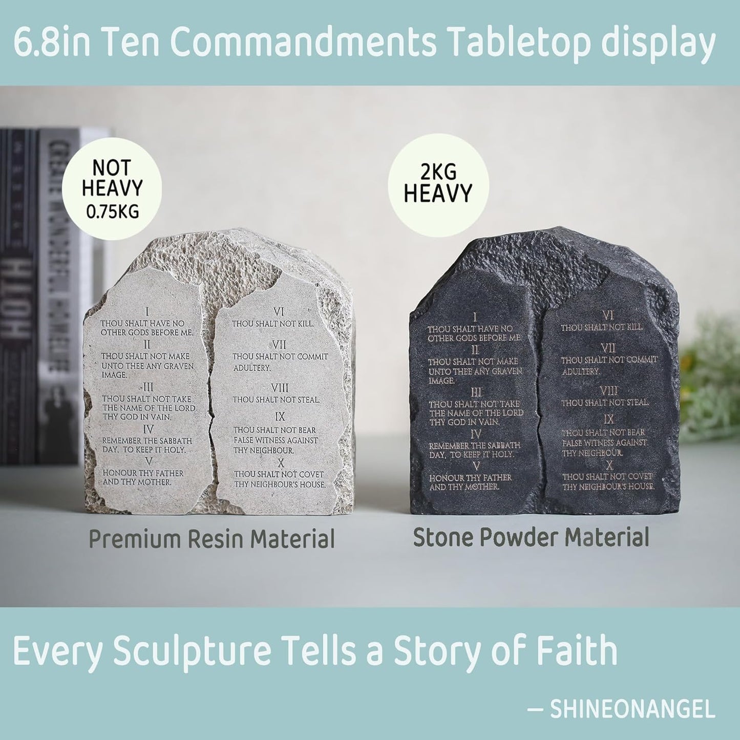 Ten Commandments Tabletop Decor - 6.8-Inch Stone Effect Religious Statue Plaque for Home, Office, or Church Inspritional Table Decor Los 10 mandamientos