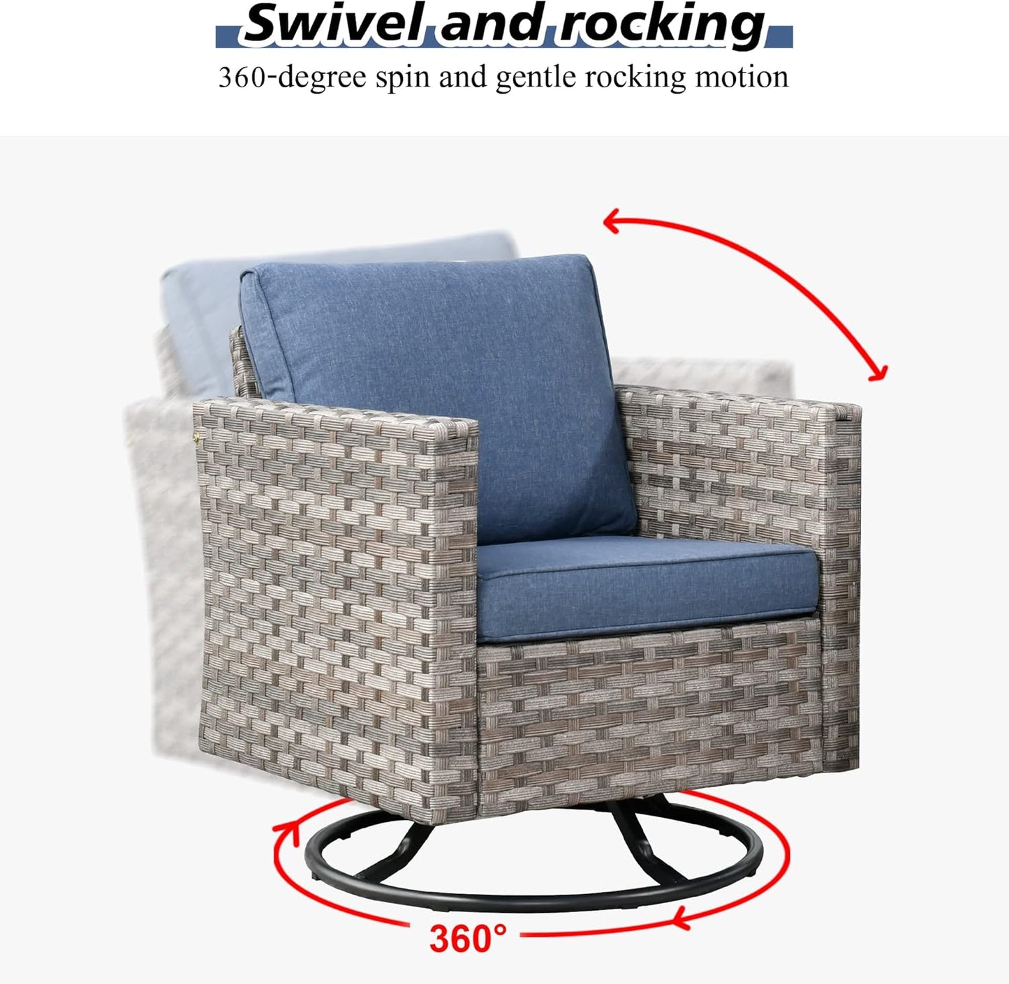 HOOOWOOO 9 Piece Modular Patio Outdoor Sectional Furniture Set with Swivel Rocking Chairs,Wicker Conversation Sofa Set,Outside Couch Set with Wide Arm(Denim Blue)