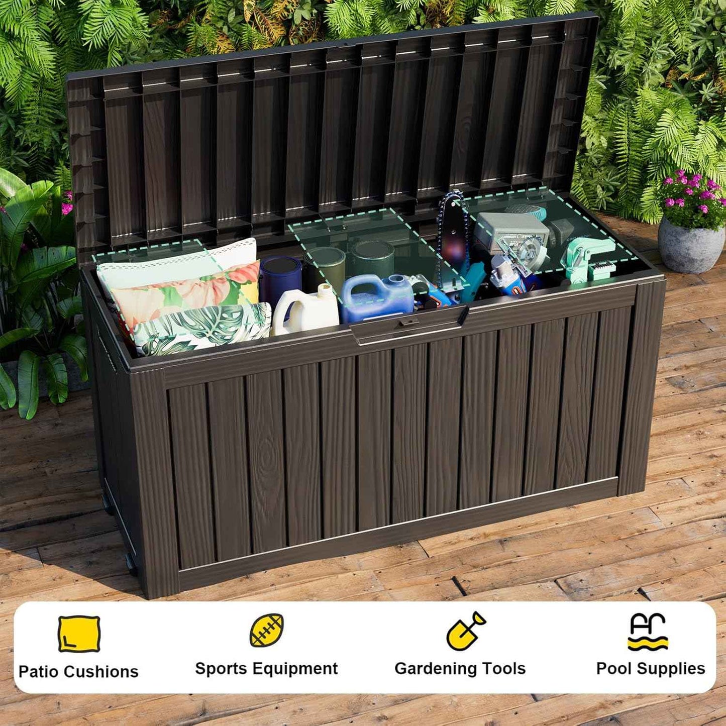 85 Gallon Outdoor Waterproof Resin Storage Deck Box Lockable Outside Bench UV Resistant Bin Patio Porch Furniture Pool Float Garden Tool Cushion Black