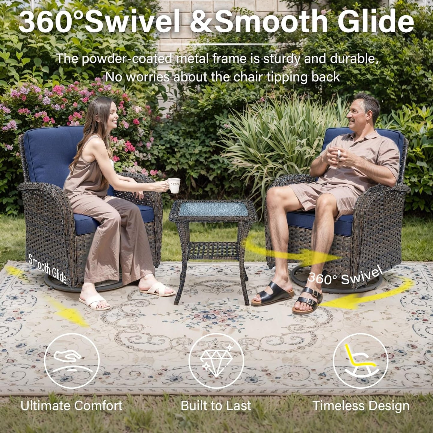 7 Pieces Patio Furniture Set with Fire Pit Table - 4 Outdoor Swivel Rocker Chairs with 50000BTU Propane Fire Table and 2 Side Table, Outdoor Conversation Set for Casual Gathering