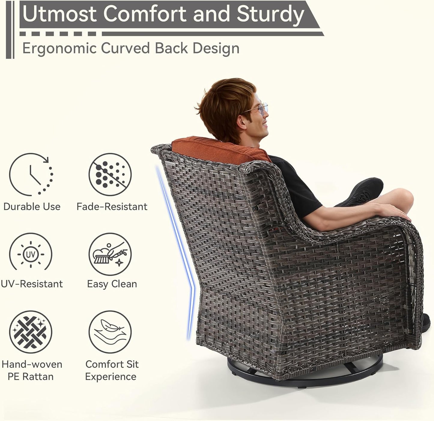 2 Pieces Outdoor Swivel Rocker Patio Chairs Set - Outdoor Wicker Patio Conversation Sets with 1 Side Table, Olefin Fabric Cushions Suitable for Backyard Deck and Porch, Orange