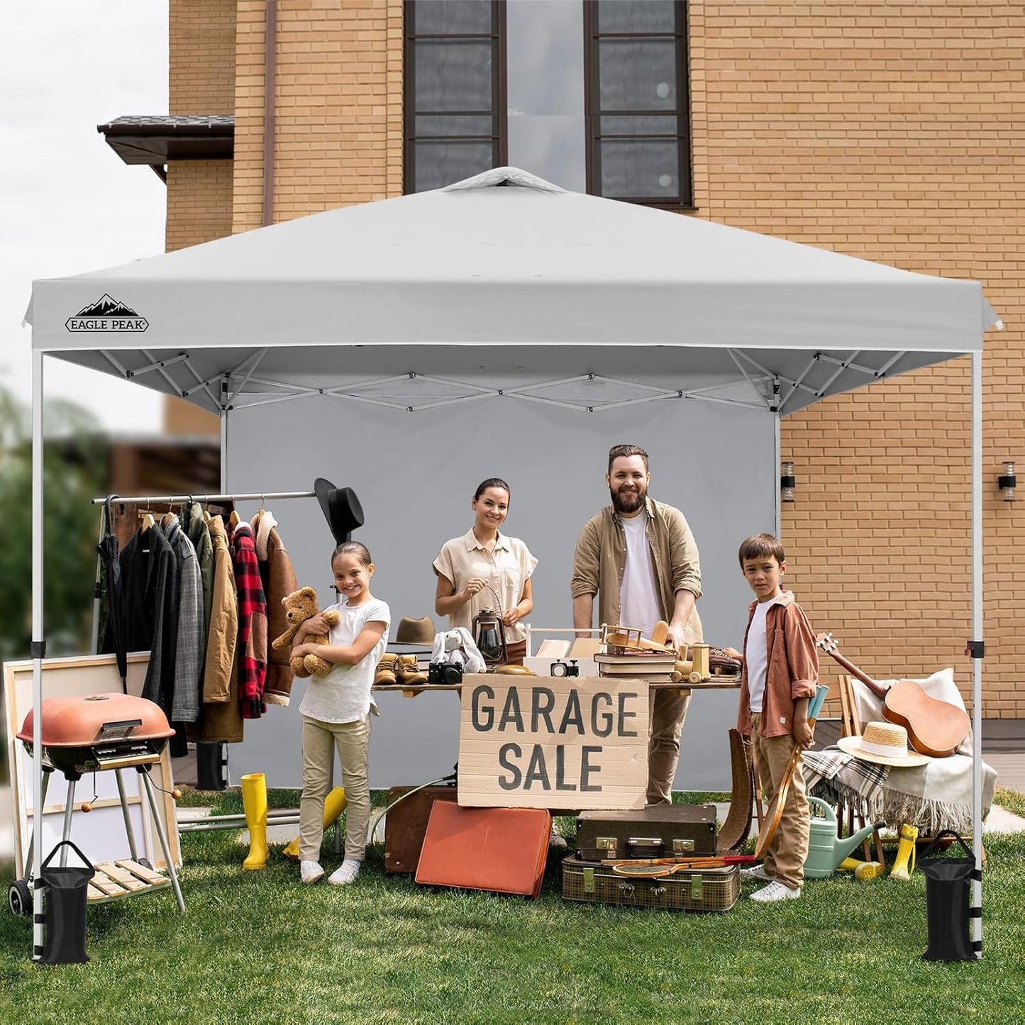 EAGLE PEAK Pop Up Canopy Tent with 1 Sidewall, Easy Setup Event Tent, Outdoor Sun Shade, Wheeled Carry Bag, Stakes and Guy Ropes, Instant Canopy 10x10, White