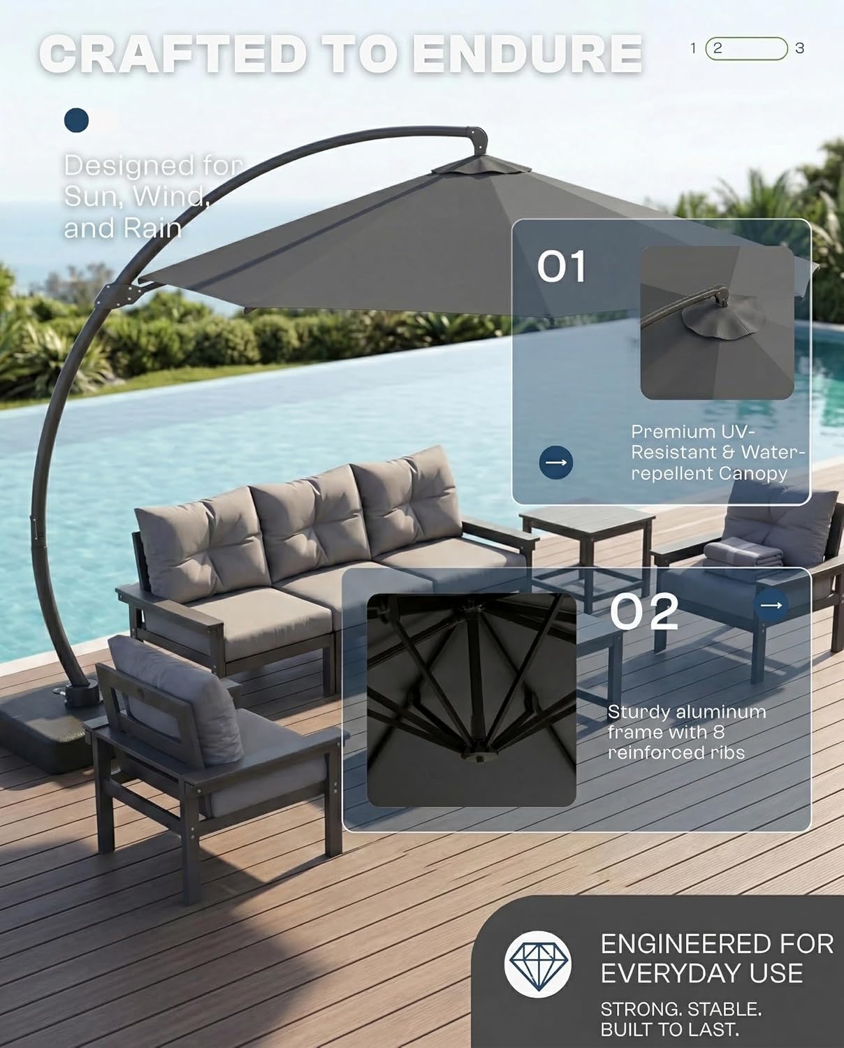 11 FT Cantilever Umbrella with Base Included, Large Round 360° Rotation Offset Umbrella Outdoor Patio, Heavy Duty Aluminum Frame, Sand-Weighted Stand, for Deck, Backyard, Pool, Garden (Grey)