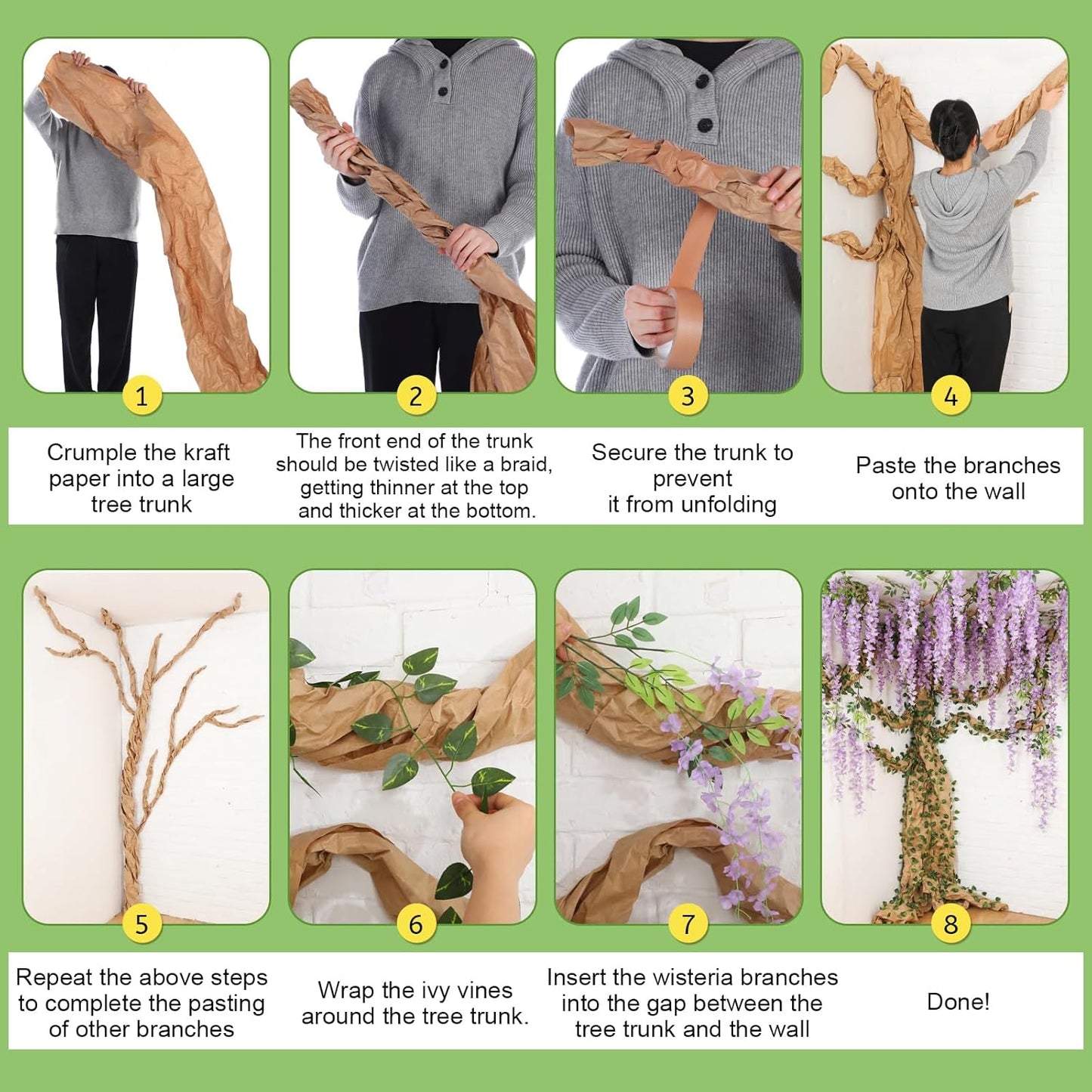 XunYee 40 Pcs 3D Wisteria Tree Wall Decor for Room Classroom Ceiling Artificial Wisteria Hanging Flower DIY Cardboard Paper Tree with Vine Kraft Paper Fairy Bulletin Board Decoration(Purple)