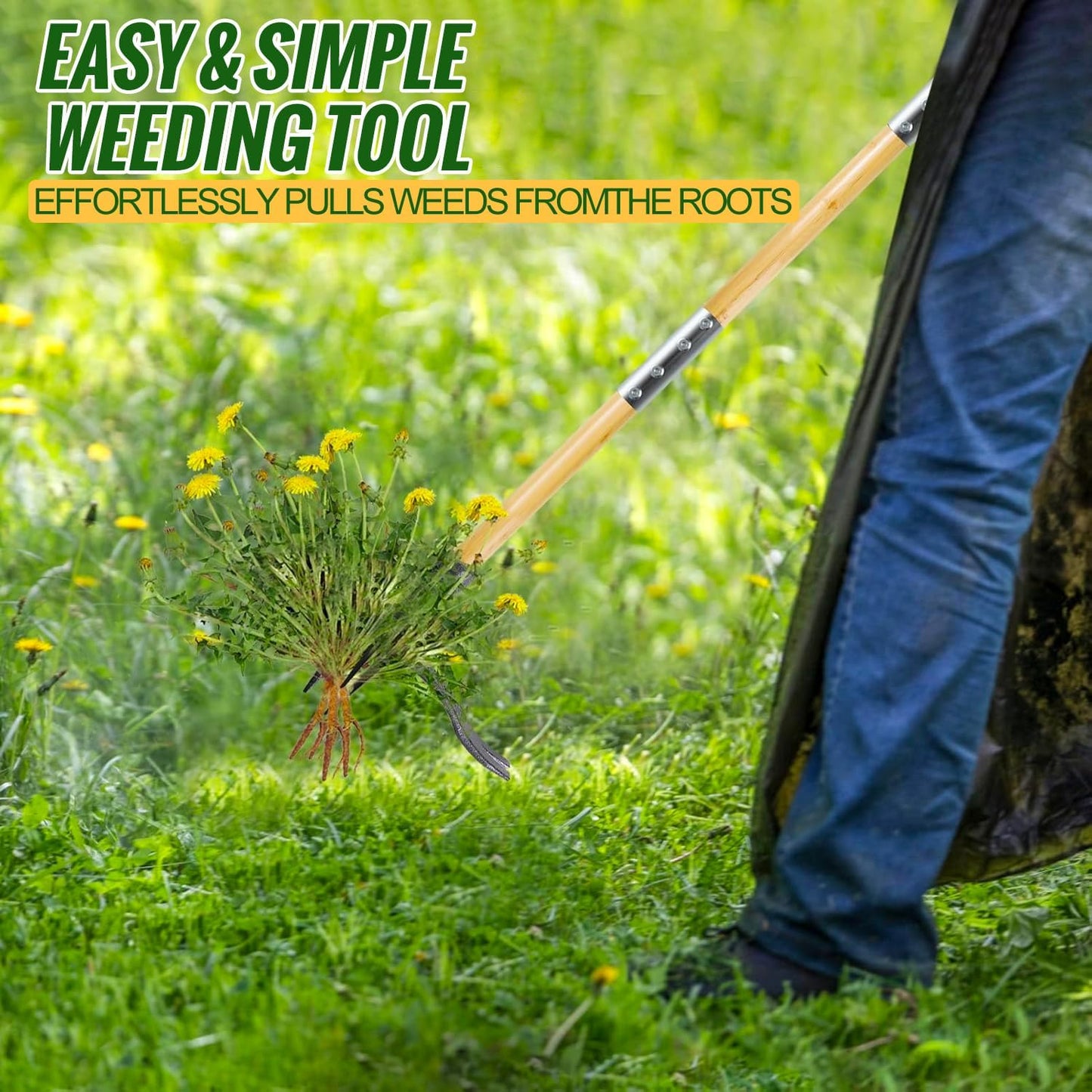 Weed Puller Tool, Stand Up Heavy Duty Weed Remover Tool with Long Handle & 4-Claw Steel Head, Bamboo Garden Hand Weeding Tool - Easily Remove Weeds Without Bending, Pulling,or Kneeling