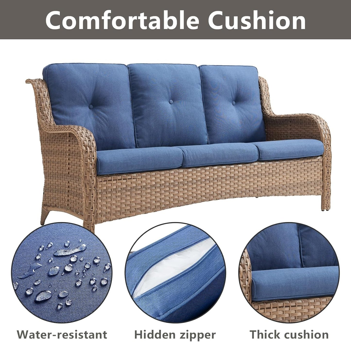Outdoor Wicker Patio Furniture Set - 6 Piece Rattan Patio Conversation Set with 2 Rocking Swivel Chairs,2 Ottomans,1 Sofa and 1 Coffee Table for Porch Deck Backyard Garden(Yellow/Blue)
