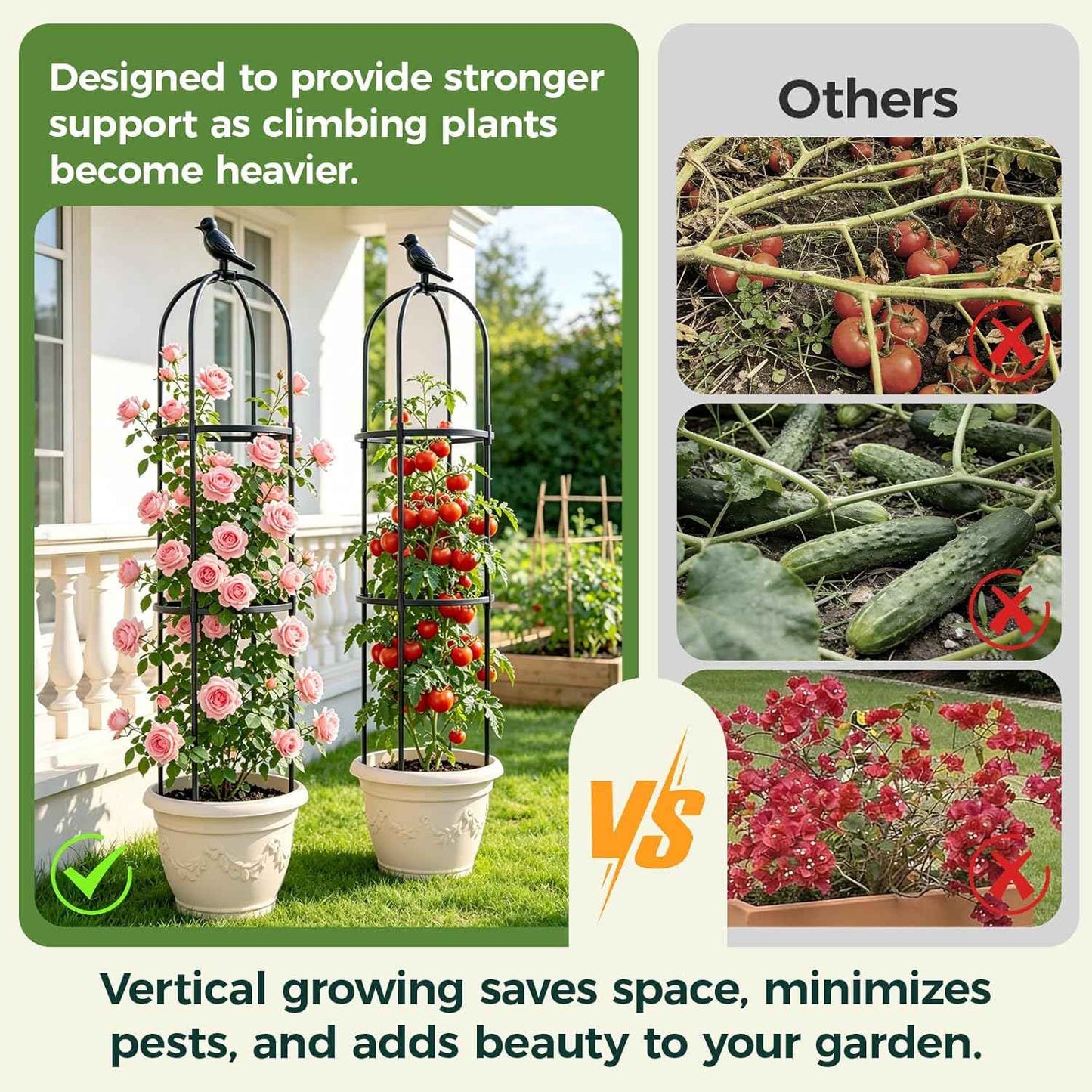 1pcs Garden Obelisk Trellis for Climbing Plants Outdoor, Tomato Cages for Garden, Metal Rustproof Plant Support Trellis for Potted Plants, Rose, Vine, Vegetable for Outdoor & Indoor Use (Black)