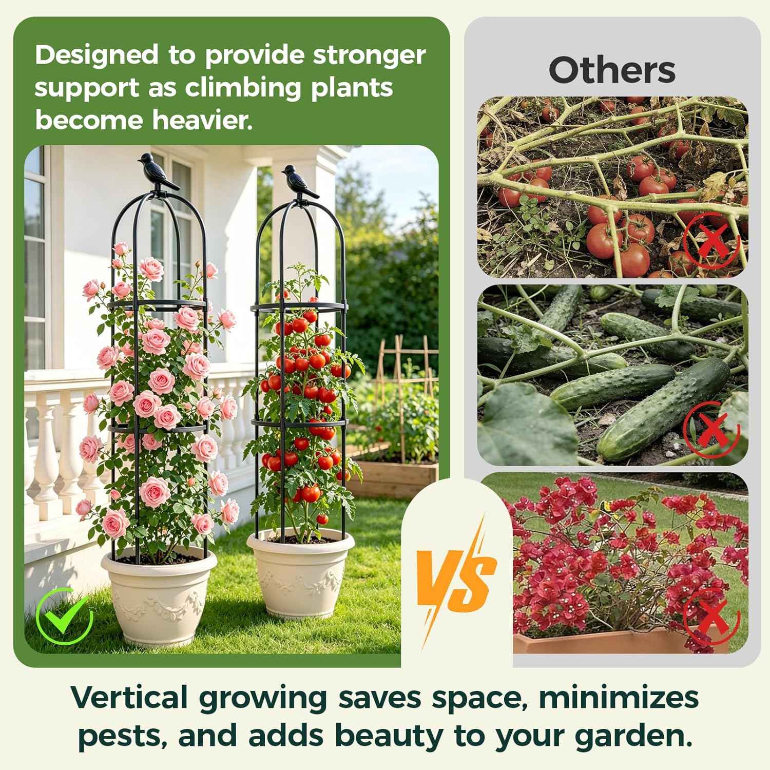 1pcs Garden Obelisk Trellis for Climbing Plants Outdoor, Tomato Cages for Garden, Metal Rustproof Plant Support Trellis for Potted Plants, Rose, Vine, Vegetable for Outdoor & Indoor Use (Black)