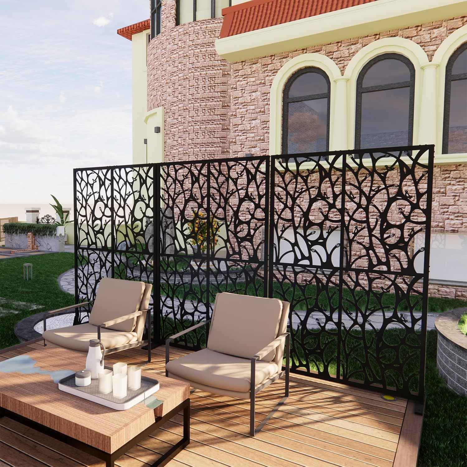 Metal Privacy Screen Outdoor 72" H x 45.3" W, Freestanding Decorative Panel, Privacy Fence for Patio Balcony Garden