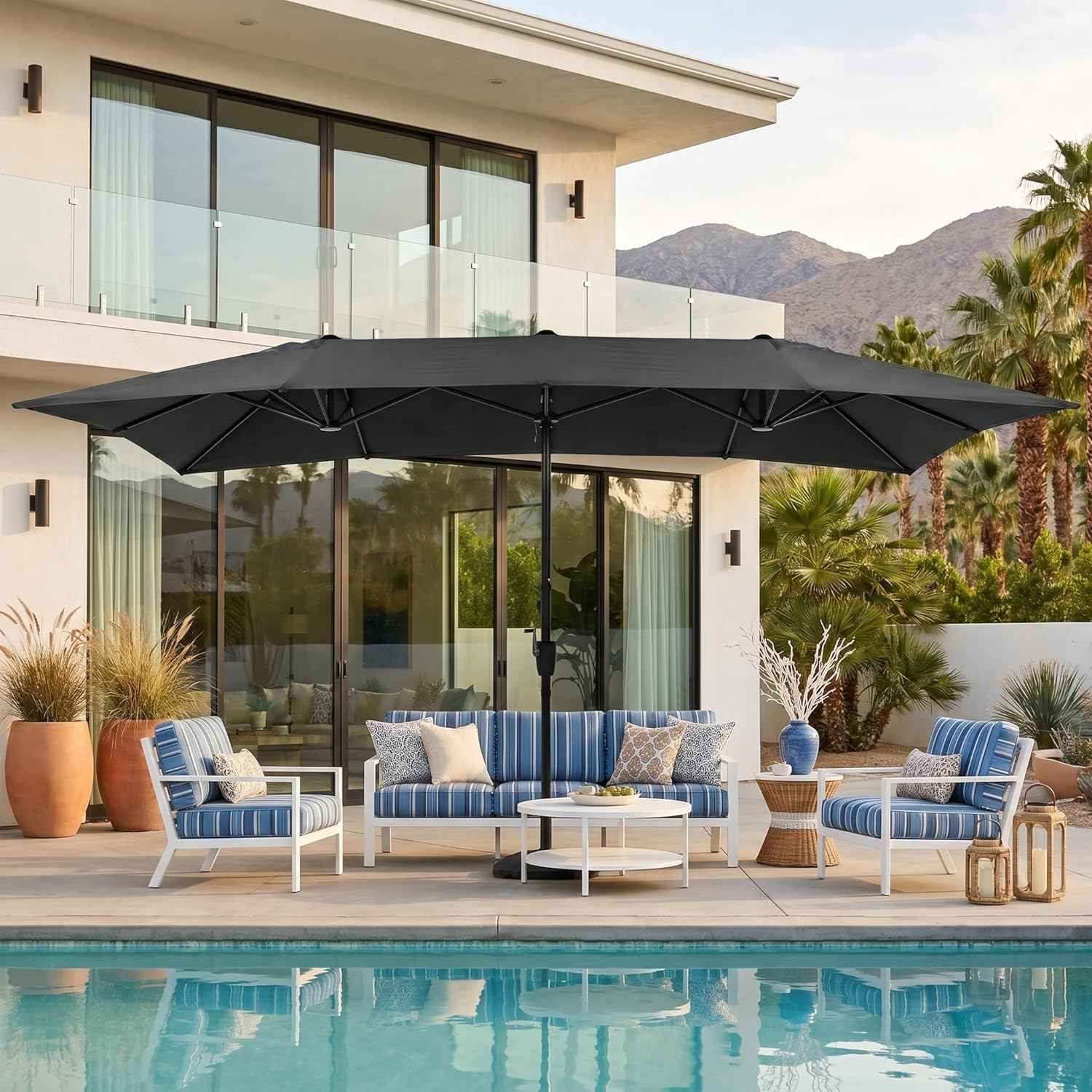 15×15ft Outdoor Patio Umbrella, Double Sided Market Rectangle Umbrella with Crank Handle, Large Sun Shade for Outside Deck, Backyard, Garden