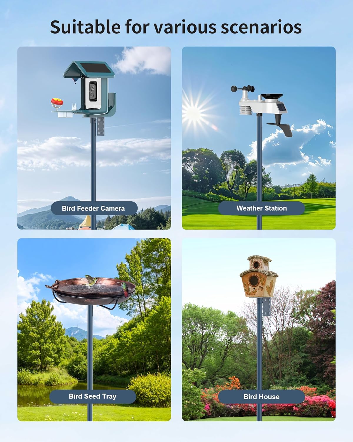 Bird Feeder Pole Stand – 104 Inch Height Feeding Station with 1-Inch Dia Heavy Duty for Hanging Feeders, Bird House Pole Mount Kit for Outdoor, Slip-Fit Connection，Blue