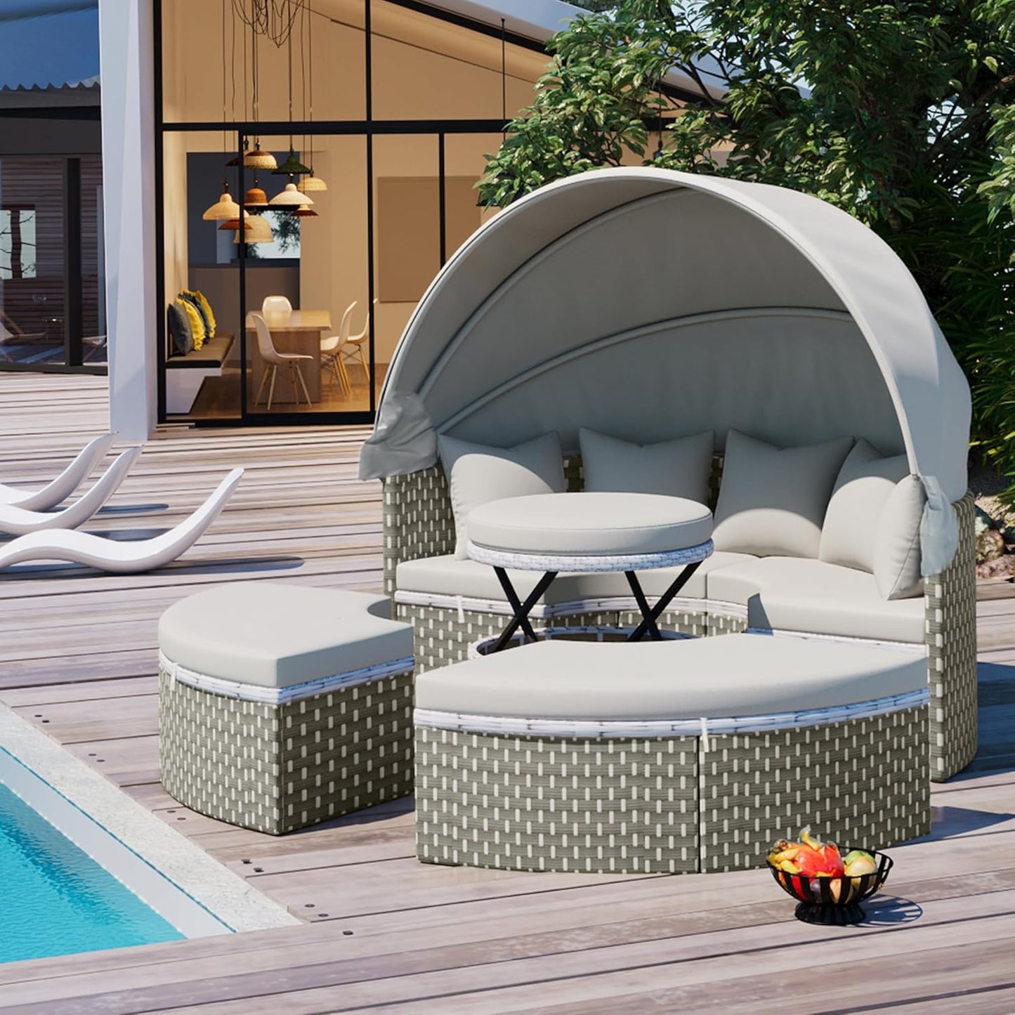 Merax Patio Furniture Round Outdoor Sectional Sofa Set, Rattan Daybed Two-Tone Weave Sunbed with Retractable Canopy, Separate Seating and Removable Cushion, Grey