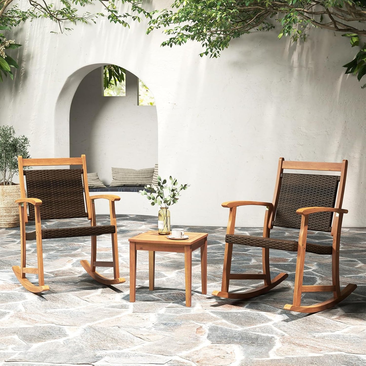 3 Pieces Rocking Chair Set, Acacia Wood Rocking Set with Coffee Table, Wicker Seat & Backrest, Patio Bistro Set Outdoor Conversation Set for Balcony, Garden, Backyard & Poolside