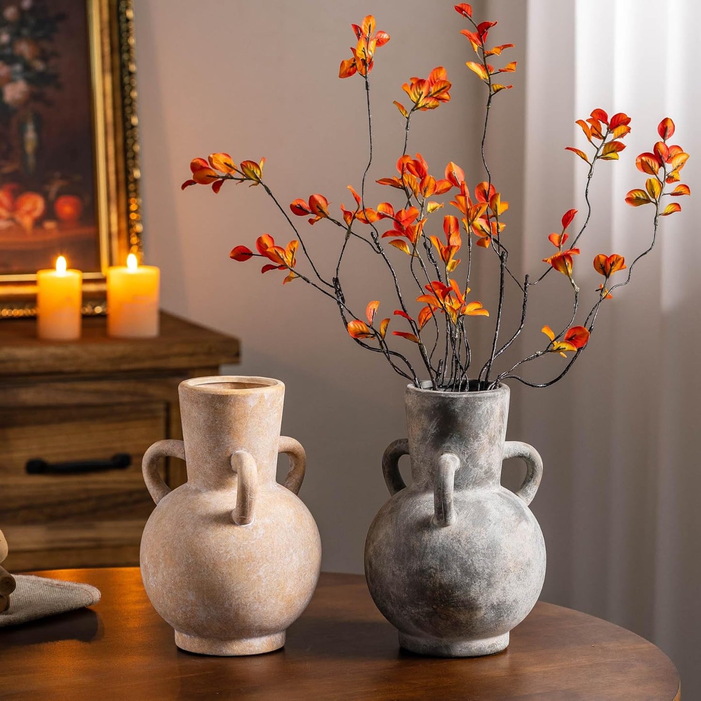 Rustic Grey Terracotta Ceramic Vase with Handles, Vintage Pottery Floral Vases, Cottage Core for Home Decor Table Centerpiece, Large Flower Vase for Bouquets Table Mantel Bedroon Bathroom 8.5 Inch