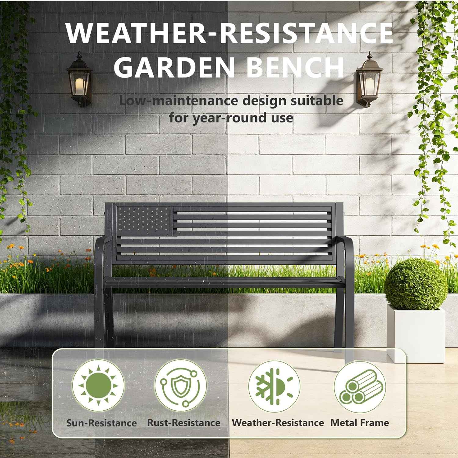 Outdoor Bench, Sturdy Metal Garden Bench with Classic Stars and Stripes Design Metal Backrest, 2-Person Patio Bench for Outside Seating, Cast Iron Steel Porch Yard Lawn Furniture, Black